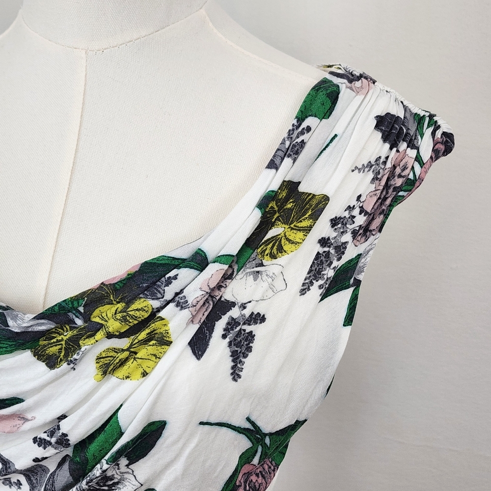 H&M White Floral Ruched Tank Top Medium Fully Lined - Picture 3 of 9